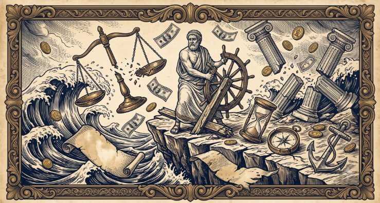 Classic Stoic engraving illustration depicting a trader facing a stormy sea of financial volatility and a broken balance scale.