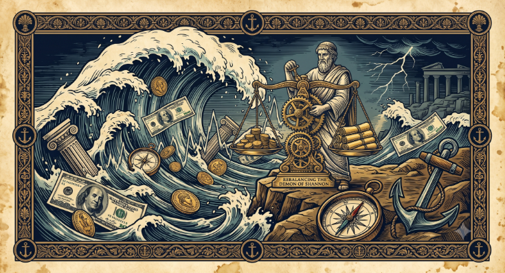 Classic Stoic engraving illustration depicting a philosopher utilizing Shannon's Demon mechanical rebalancing gears amid chaotic market waves.