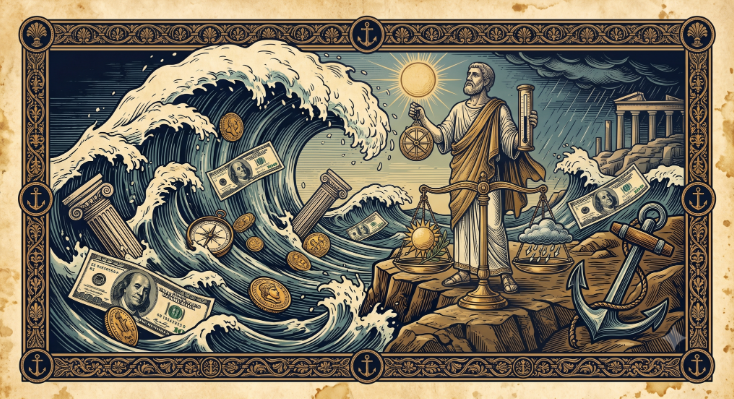 Classic Stoic engraving illustration depicting a philosopher reading market weather and interest rate seasons to adjust asset allocation cloaks.
