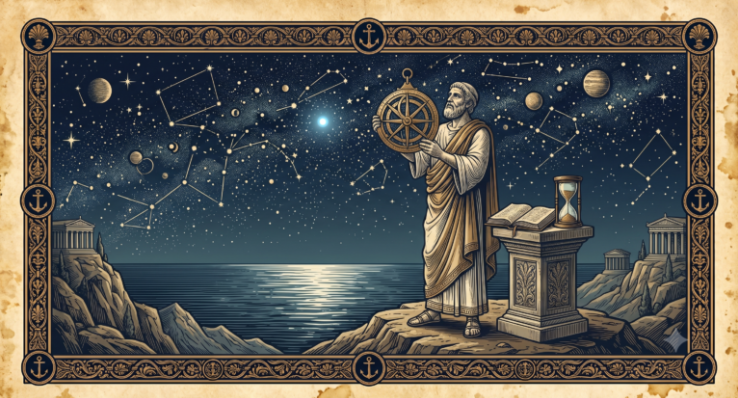 Classic Stoic engraving illustration depicting a philosopher contemplating the cosmos and a pale blue dot from a mountain peak.