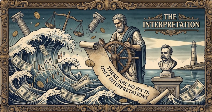 An antique engraved illustration of the Capital Philosopher at the helm, holding a scroll with the quote 'THERE ARE NO FACTS, ONLY INTERPRETATIONS', navigating a turbulent sea of financial metrics and data points. A lighthouse and a bust of Nietzsche are visible on a distant shore.