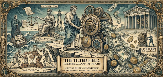 A classical philosophical illustration depicting the tilted field of capitalism, contrasting the honest addition of labor with the geometric multiplication of capital gears.