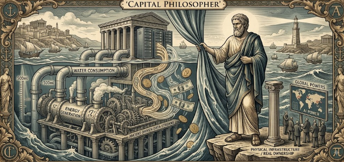A philosopher peeling back a curtain to reveal an AI data center powered by energy and water infrastructure, in a vintage woodcut style