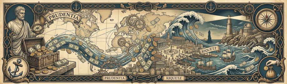 Classical engraving of a philosopher navigating financial waves, ancient cities, and a lighthouse with a compass