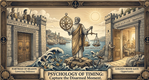 An ancient Greek philosopher holding a compass and scales, standing between a closed fortress of reason and an open golden hour gate, symbolizing the psychology of timing and ego depletion.