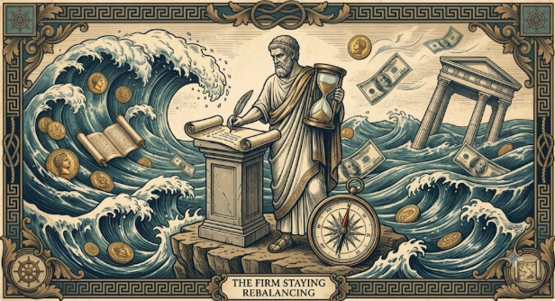 A classical philosopher standing calmly on a cliff amidst a stormy sea of market crashes, holding a quill and an hourglass, symbolizing patience and investment philosophy.