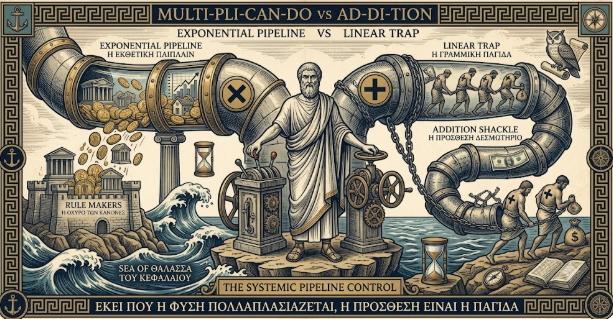 Ancient philosopher controlling systemic pipelines showing exponential growth of real assets and the linear trap of fiat currency in capitalism.