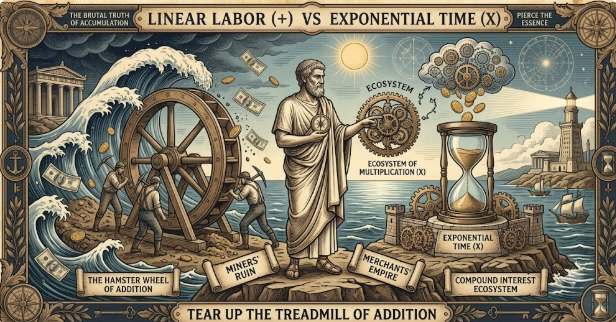 Vintage copperplate illustration contrasting the hamster wheel of linear labor with the exponential time ecosystem of compound interest for true wealth building.