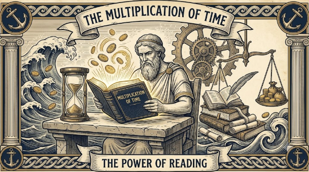 Classical engraving style illustration of an ancient Greek philosopher sitting at a stone desk, reading a glowing book titled 'Multiplication of Time' amidst turbulent capitalist ocean waves, a large hourglass, and a mechanical gear system.