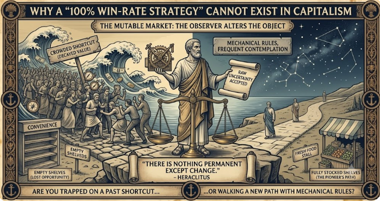 A detailed engraving-style allegory about the impossibility of a 100% win-rate stock strategy, contrasting crowd mentality with structured rules.